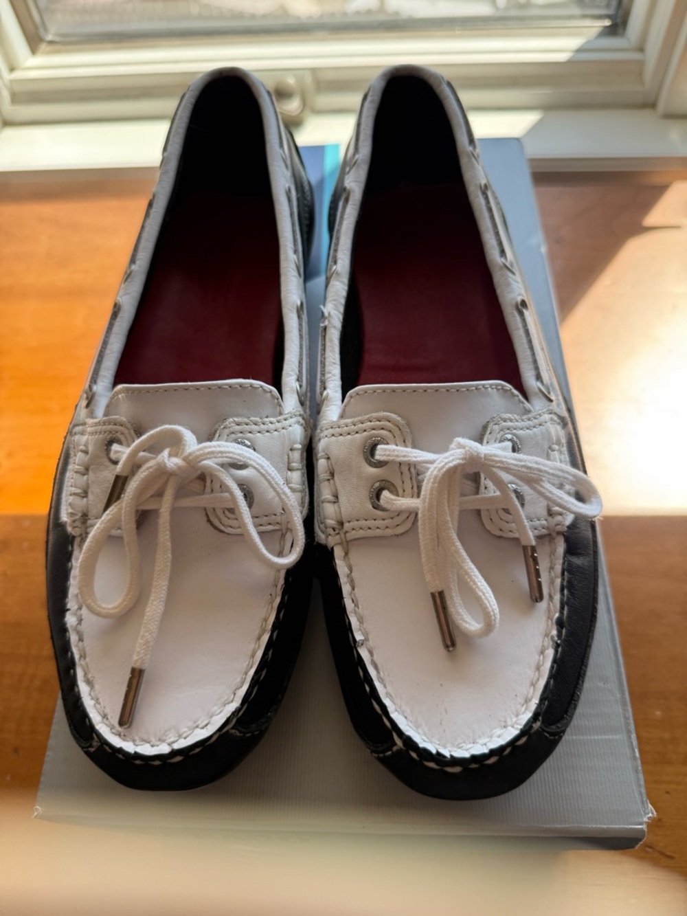 White and Blue Leather Boat Shoes